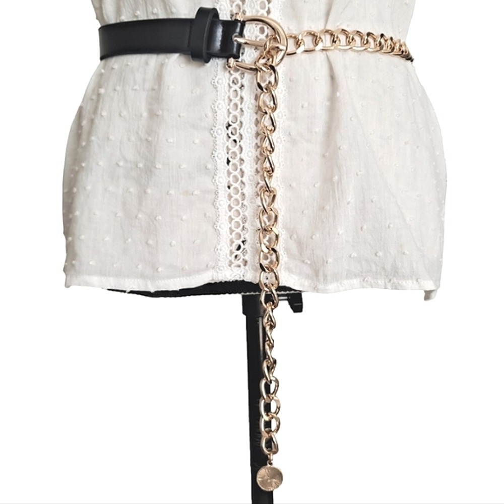 Gold Chain and Black Leather Accent Women's Waist Belt